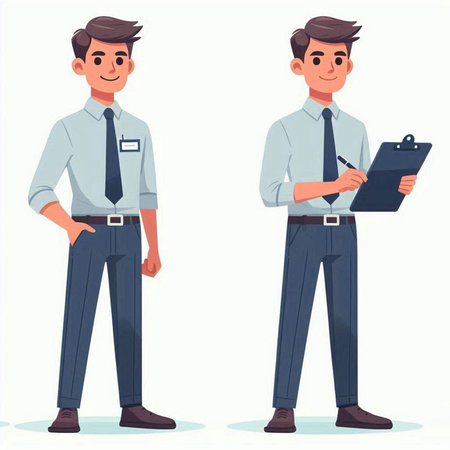 Young man with clipboard and pen. Vector illustration in cartoon style.のイラスト素材