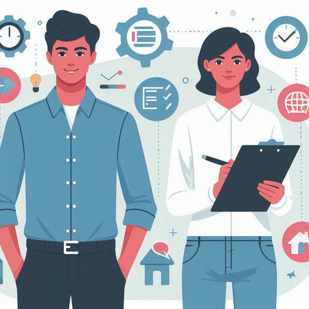 Businessman and businesswoman characters. Vector illustration in flat style.のイラスト素材