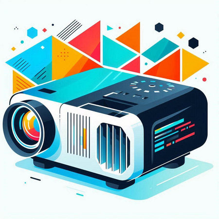 Projector on colorful abstract background. Vector illustration in retro style.のイラスト素材