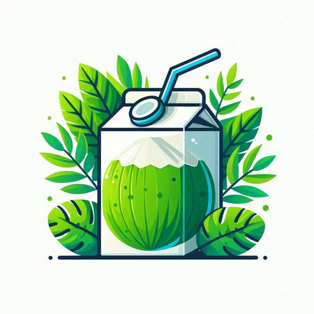 Coconut milk drink in a glass with a straw and leaves. Vector illustration.のイラスト素材