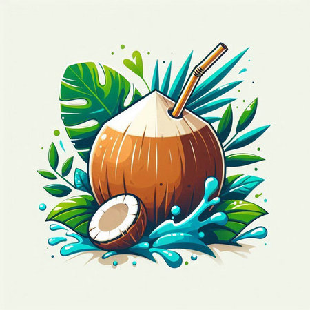 Coconut with a straw in the water. Vector illustration.のイラスト素材