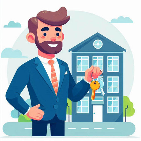 Real estate agent with key in hand. Vector illustration in cartoon styleのイラスト素材