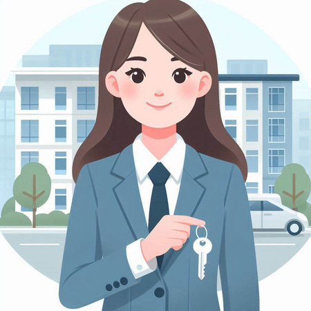 business woman holding a key on the background of the city, vector illustrationのイラスト素材