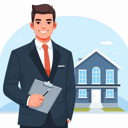 Real estate agent in front of new house. Cartoon vector illustration.のイラスト素材