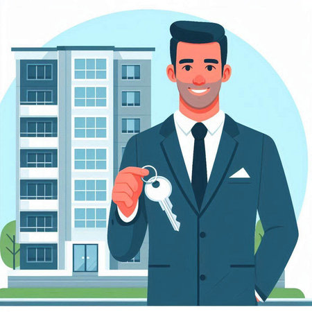 Real estate agent holding keys. Vector illustration in flat cartoon style.のイラスト素材
