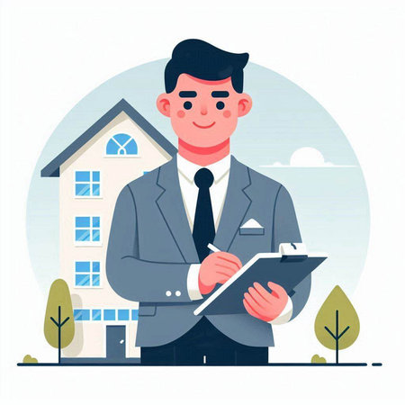 Real estate agent with clipboard. Vector illustration in flat cartoon style.のイラスト素材