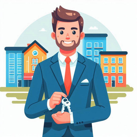 Real estate agent holding keys in hand. Vector illustration in cartoon styleのイラスト素材
