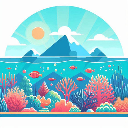 Sea landscape with corals, fish and mountains. Vector illustration.のイラスト素材