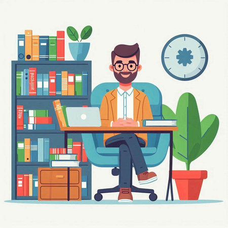 Young man working at home office. Vector illustration in flat style.のイラスト素材
