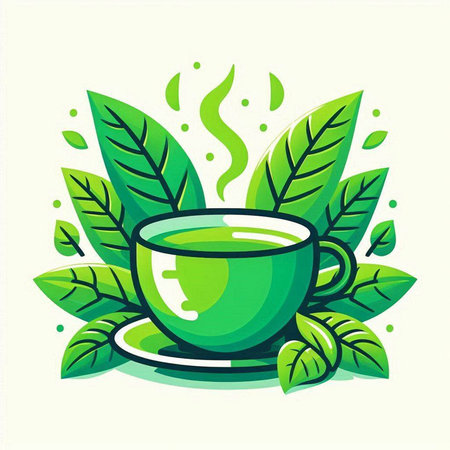 Cup of tea with green leaves in flat style. Vector illustration.のイラスト素材