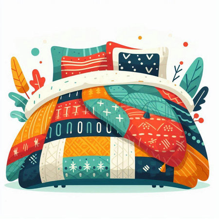 Vector illustration of a bed with pillows in the Scandinavian style.のイラスト素材