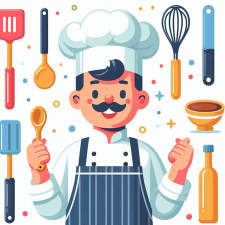 Chef man with kitchen utensils. Vector illustration in cartoon styleのイラスト素材