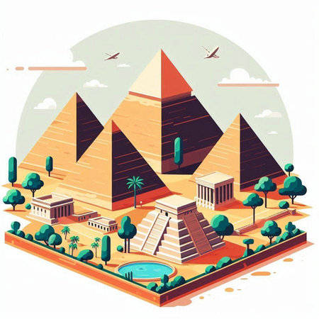 Egyptian pyramids and nature. Vector illustration in flat style.のイラスト素材