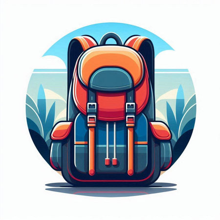 Backpack icon on the background of the landscape. Vector illustration.のイラスト素材