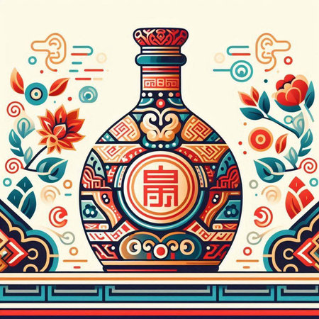 Chinese vase with floral ornament. Vector illustration in retro style.のイラスト素材