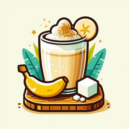 Banana latte with ice cubes and bananas. Vector illustration.のイラスト素材