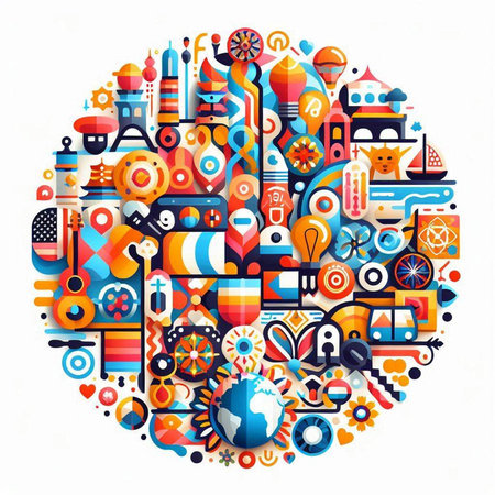 Colorful vector illustration of a circle with colorful icons and symbols.のイラスト素材