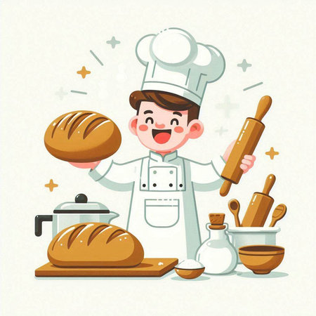 Chef with bread and rolling pin. Vector illustration in cartoon styleのイラスト素材