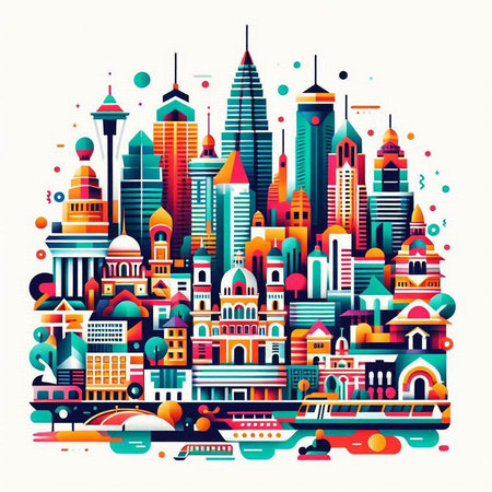 Cityscape with colorful buildings and skyscrapers. Vector illustration.のイラスト素材