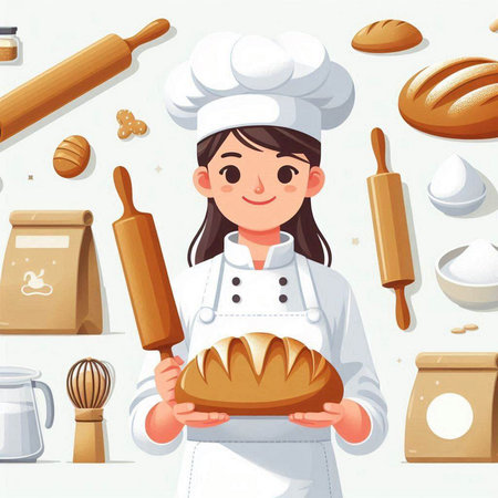 Cartoon vector illustration of a girl in a chef's hat holding a loaf of breadのイラスト素材