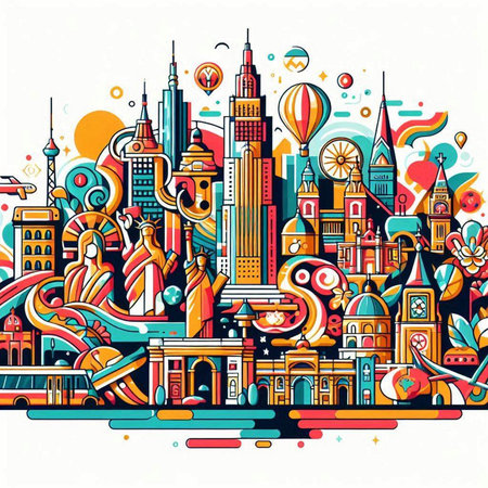 Colorful vector hand drawn illustration of Shanghai, China. Line art design with famous landmarks on white backgroundのイラスト素材