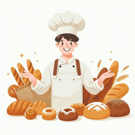 Baker with bread and bakery products. Vector illustration in cartoon styleのイラスト素材