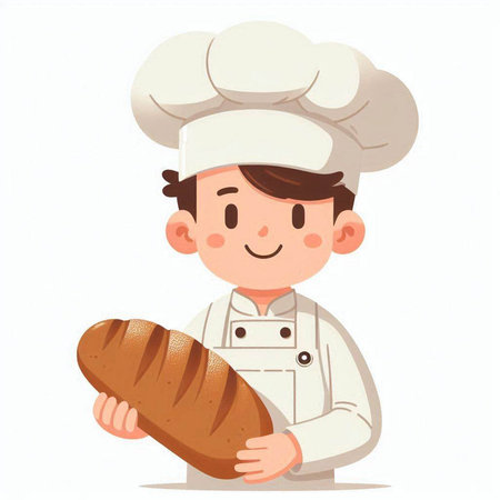 Illustration of a Cute Young Male Chef Holding a Loaf of Breadのイラスト素材