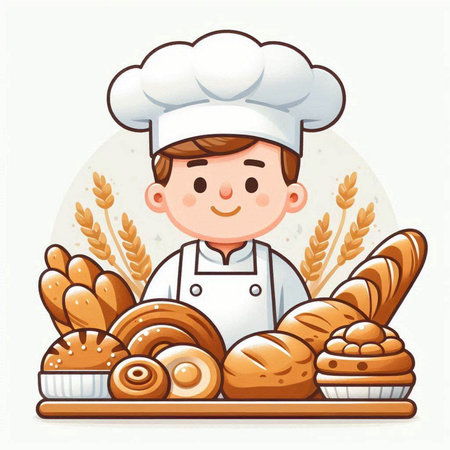 Baker with bread and bakery products. Vector illustration in cartoon style.のイラスト素材
