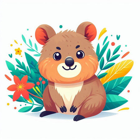 Cute cartoon hamster with flowers and leaves. Vector illustration.のイラスト素材