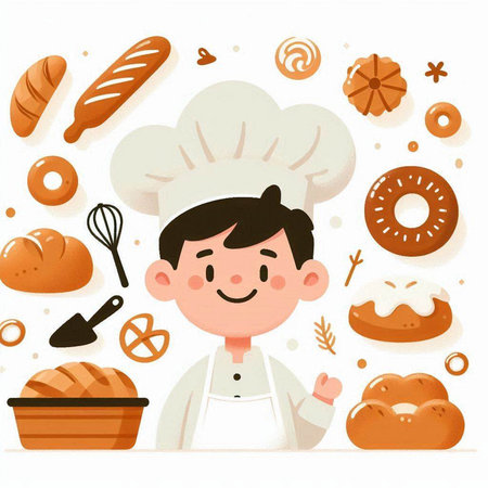 Baker with bread and bakery products. Vector illustration in cartoon style.のイラスト素材