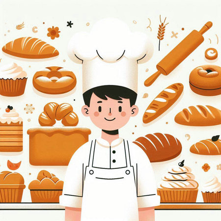 Chef with bakery products. Vector illustration in a flat style.のイラスト素材