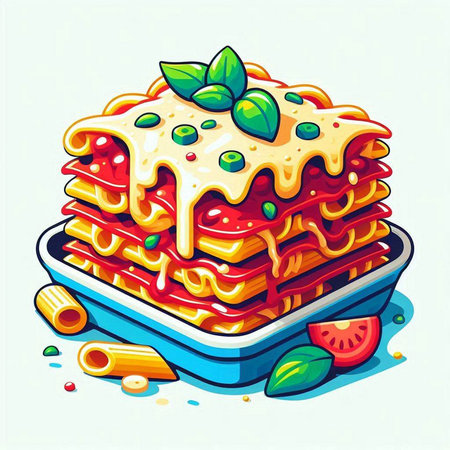 Illustration of a stack of lasagna with tomato sauce and basilのイラスト素材