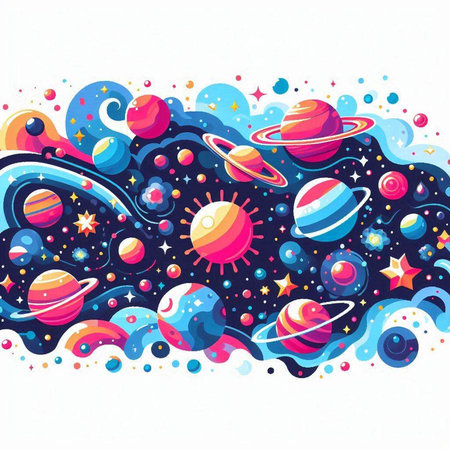 Cartoon space background with planets, stars and comets. Vector illustration.のイラスト素材