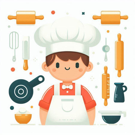 Cute little chef with kitchen tools and utensils. Vector illustration.のイラスト素材