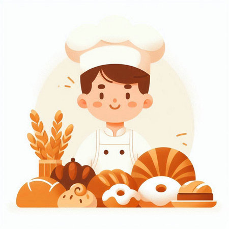 Illustration of a Cute Little Boy Chef with Various Pastriesのイラスト素材