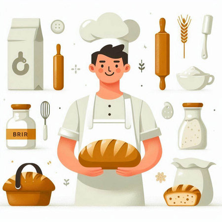 Baker in uniform with bread and ingredients for baking. Vector illustration.のイラスト素材