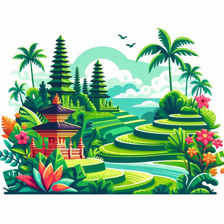 Tropical landscape with temple and palm trees. Vector illustration.のイラスト素材
