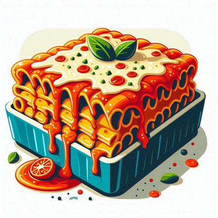 Illustration of a piece of lasagna with tomato sauce and basil leavesのイラスト素材
