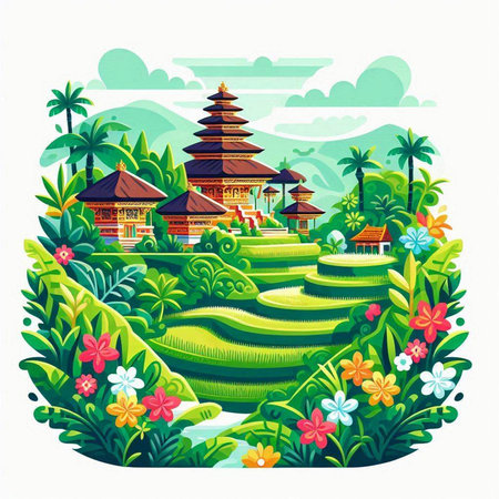 Tropical garden with traditional balinese house. Vector illustration.のイラスト素材