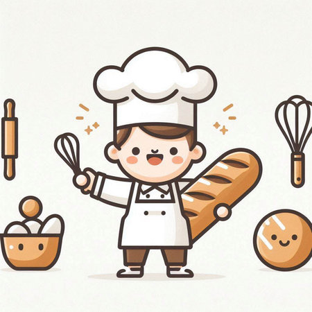 Illustration of a Little Chef with Bread and Kitchen Utensilsのイラスト素材