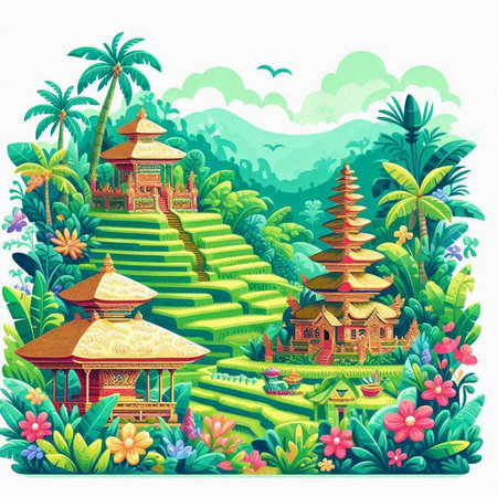 Temple in the jungle. Vector illustration of a cartoon style.のイラスト素材