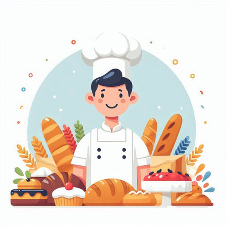 Chef with bread and bakery products. Cartoon character. Vector illustrationのイラスト素材