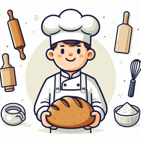 Cartoon boy chef with bread and rolling pin. Vector illustration.のイラスト素材