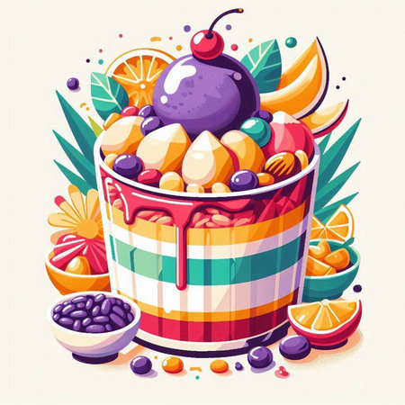 Colorful cupcake with fruits and berries. Vector cartoon illustration.のイラスト素材
