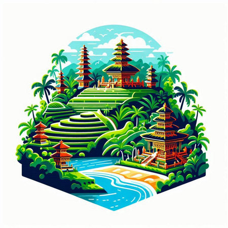 Pura Ulun Danu Bratan temple in Bali, Indonesiaのイラスト素材
