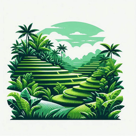 Rice terraces with palm trees and bushes. Vector illustration.のイラスト素材