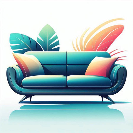 Illustration of sofa with cushions and tropical leaves on white backgroundのイラスト素材
