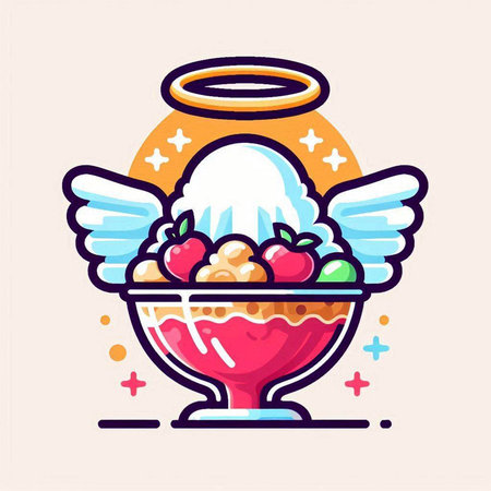 Ice cream in bowl with wings and berries. Vector illustration in flat styleのイラスト素材