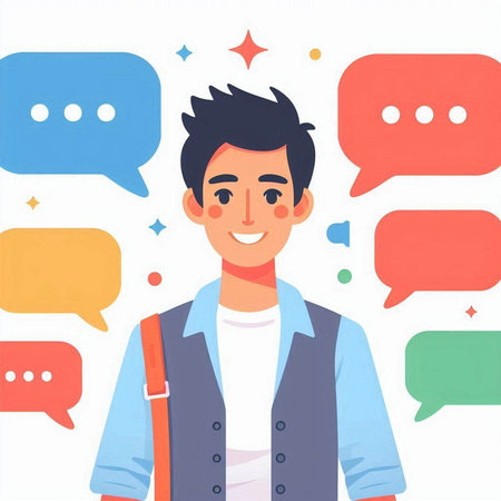 Young man with speech bubbles. Vector illustration in flat cartoon style.のイラスト素材