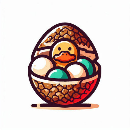 Easter egg with duck in the nest. Hand drawn vector illustration.のイラスト素材
